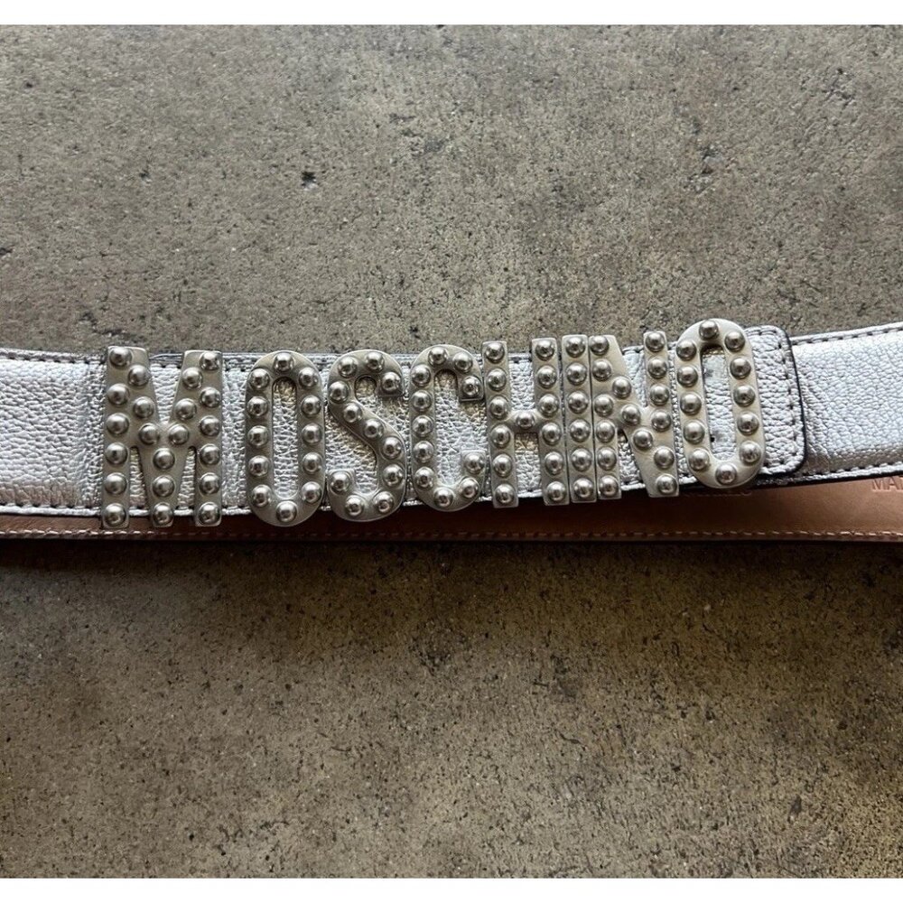 MOSCHINO Silver Embellished Logo Lettering Belt Leather Women’s Sz 44 Italy Made